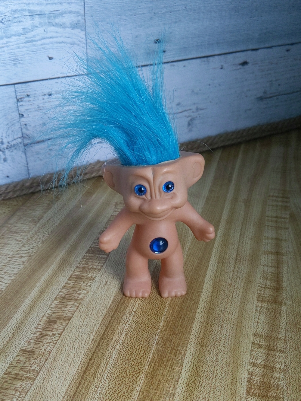 Vintage 1990s Ace Novelty Treasure Troll Doll Blue Hair & Gems Made in Korea